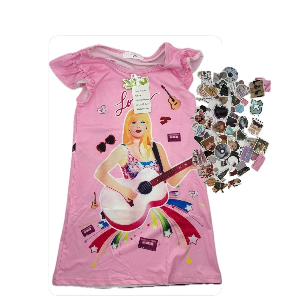 Taylor Swift Lover Nightgown Girls 120 Size 6/7 NWT Dress & Sticker Pack Bundle